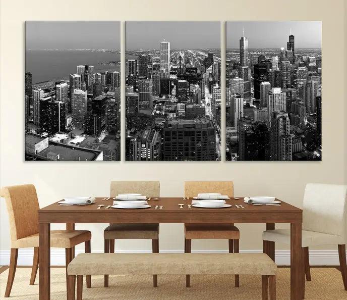 The Chicago Wall Art Canvas Print showcases a striking black and white cityscape of the city at night.