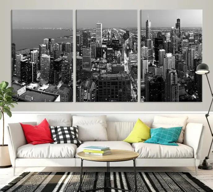 The Chicago Wall Art Canvas Print showcases a striking black and white cityscape of the city at night.