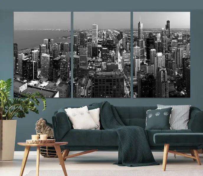 The Chicago Wall Art Canvas Print showcases a striking black and white cityscape of the city at night.