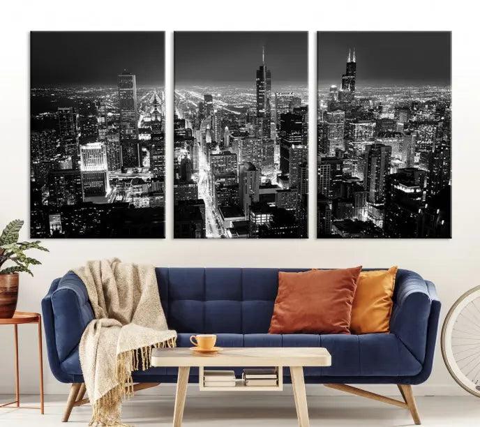 The Chicago Wall Art Canvas Print, featuring a striking black and white triptych of the city skyline, is crafted on museum-quality canvases with a UV-protective coating. This Chicago City Night Canvas Print arrives ready to hang.