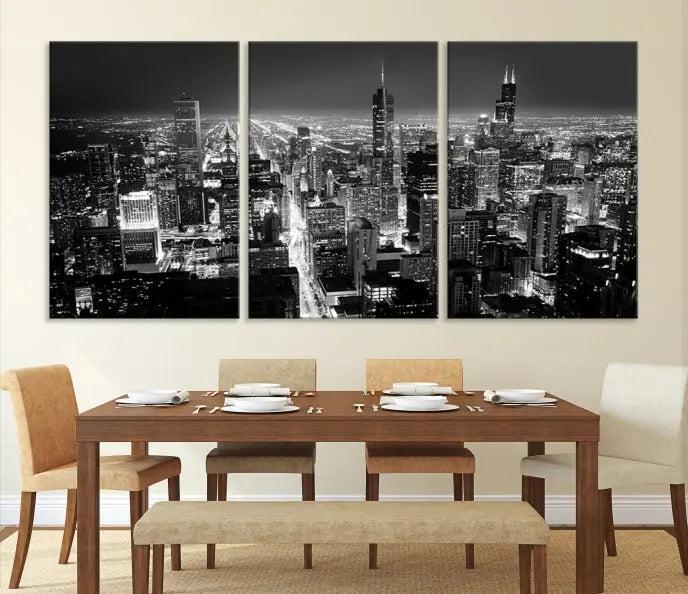 The Chicago Wall Art Canvas Print, featuring a striking black and white triptych of the city skyline, is crafted on museum-quality canvases with a UV-protective coating. This Chicago City Night Canvas Print arrives ready to hang.