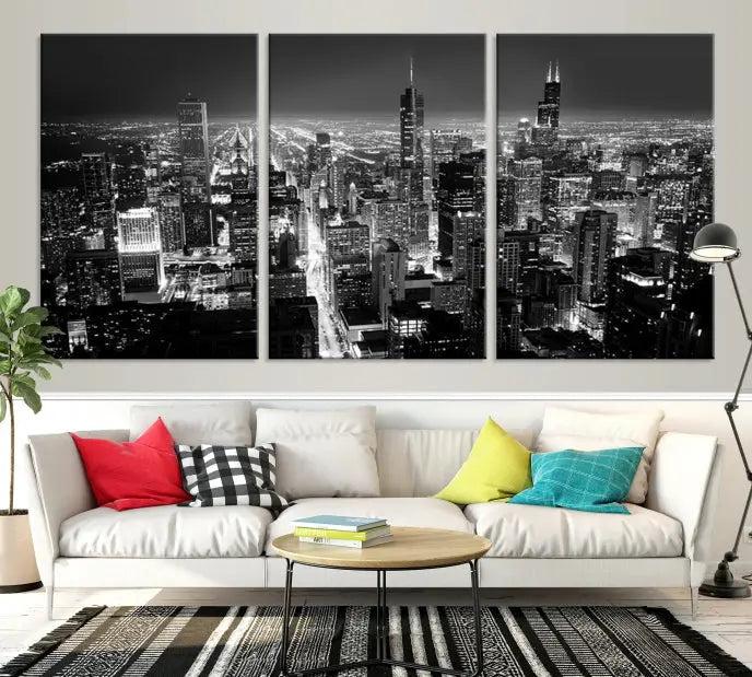 The Chicago Wall Art Canvas Print, featuring a striking black and white triptych of the city skyline, is crafted on museum-quality canvases with a UV-protective coating. This Chicago City Night Canvas Print arrives ready to hang.