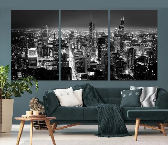 The Chicago Wall Art Canvas Print, featuring a striking black and white triptych of the city skyline, is crafted on museum-quality canvases with a UV-protective coating. This Chicago City Night Canvas Print arrives ready to hang.