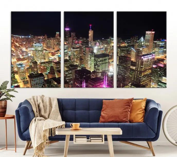 The Chicago Wall Art Canvas Print, featuring a vibrant depiction of the city at night, elegantly adorns the wall.