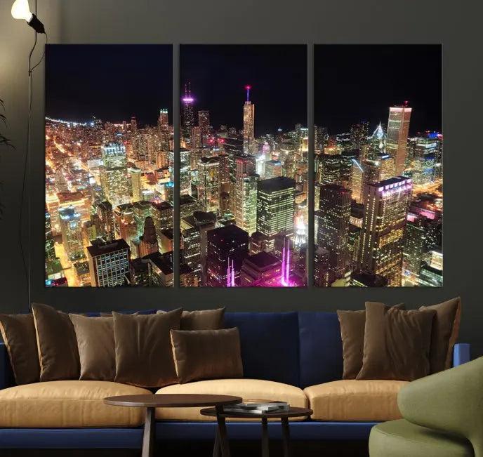 The Chicago Wall Art Canvas Print, featuring a vibrant depiction of the city at night, elegantly adorns the wall.