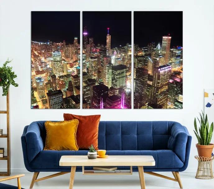 The Chicago Wall Art Canvas Print, featuring a vibrant depiction of the city at night, elegantly adorns the wall.