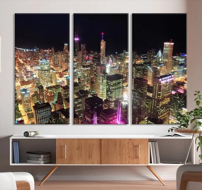 The Chicago Wall Art Canvas Print, featuring a vibrant depiction of the city at night, elegantly adorns the wall.