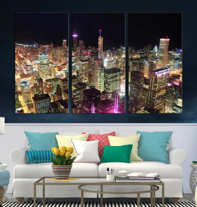 The Chicago Wall Art Canvas Print, featuring a vibrant depiction of the city at night, elegantly adorns the wall.