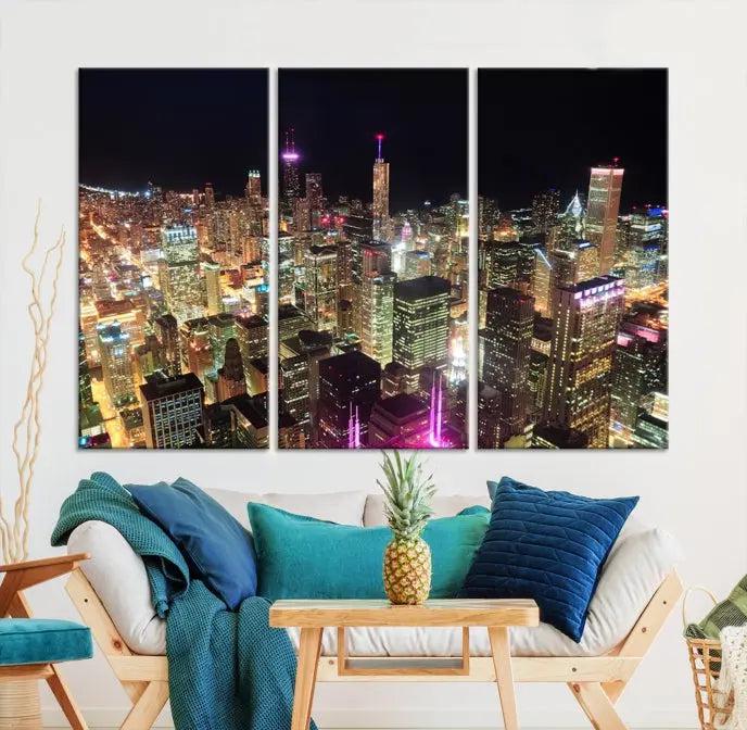 The Chicago Wall Art Canvas Print, featuring a vibrant depiction of the city at night, elegantly adorns the wall.