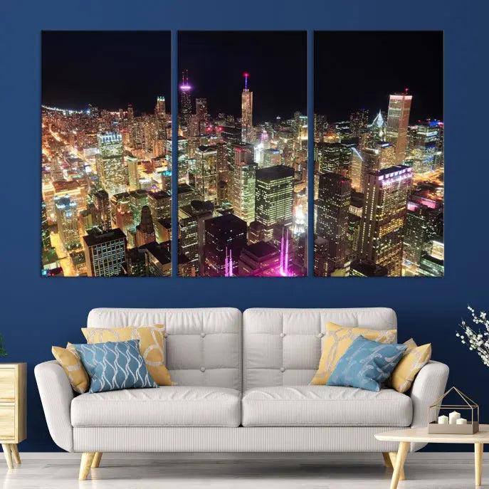 The Chicago Wall Art Canvas Print, featuring a vibrant depiction of the city at night, elegantly adorns the wall.