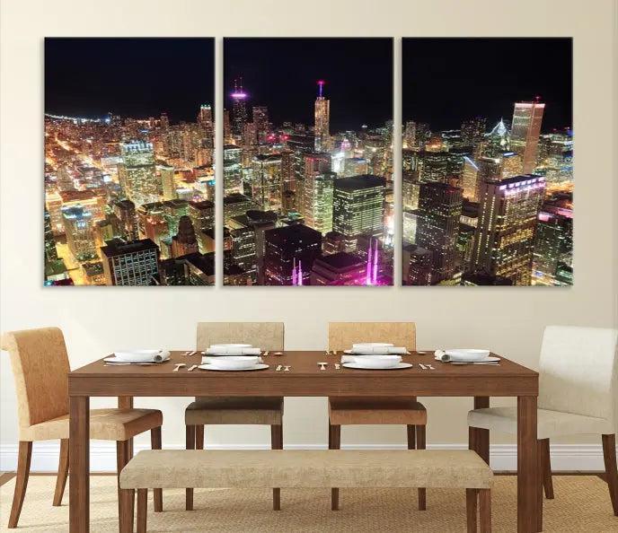 The Chicago Wall Art Canvas Print, featuring a vibrant depiction of the city at night, elegantly adorns the wall.