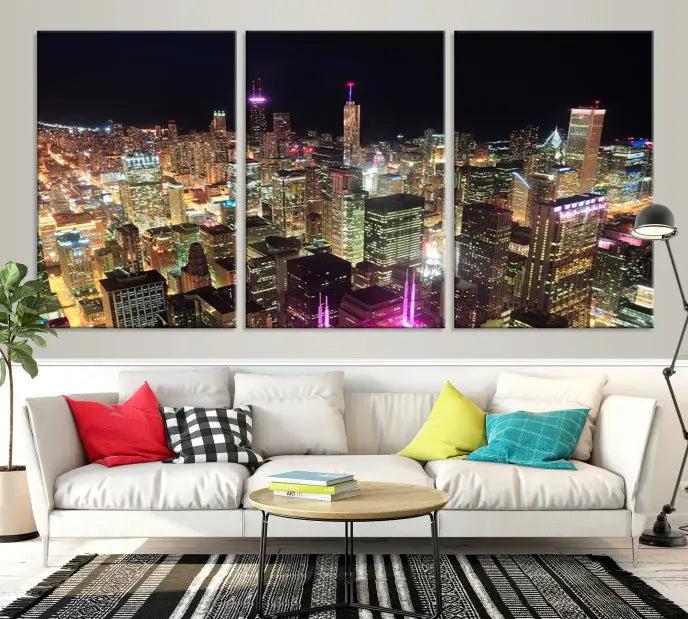 The Chicago Wall Art Canvas Print, featuring a vibrant depiction of the city at night, elegantly adorns the wall.