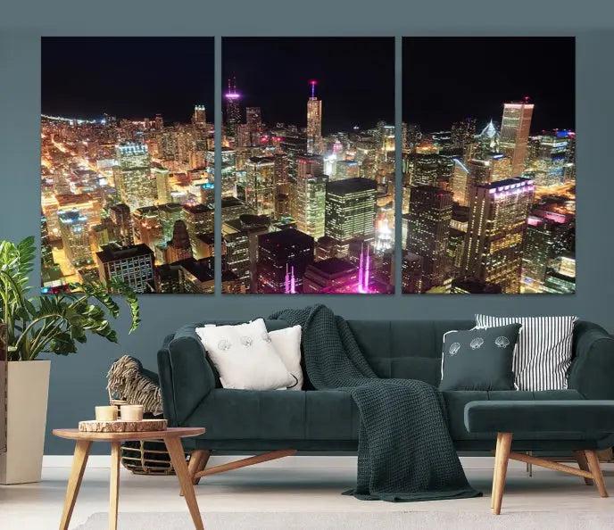 The Chicago Wall Art Canvas Print, featuring a vibrant depiction of the city at night, elegantly adorns the wall.