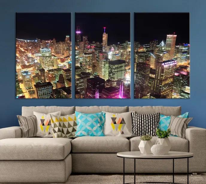 The Chicago Wall Art Canvas Print, featuring a vibrant depiction of the city at night, elegantly adorns the wall.