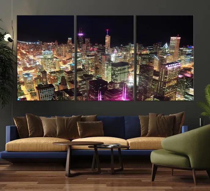 The Chicago Wall Art Canvas Print, featuring a vibrant depiction of the city at night, elegantly adorns the wall.