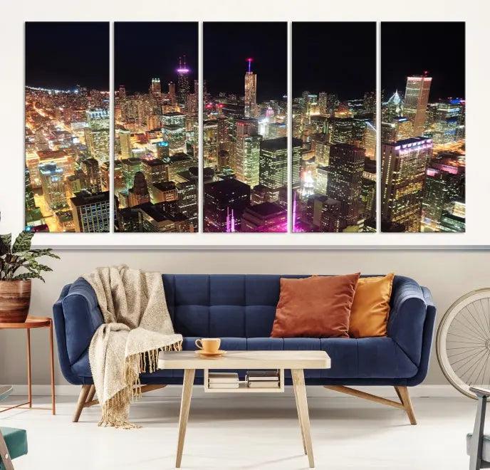 The Chicago Wall Art Canvas Print, featuring a vibrant depiction of the city at night, elegantly adorns the wall.