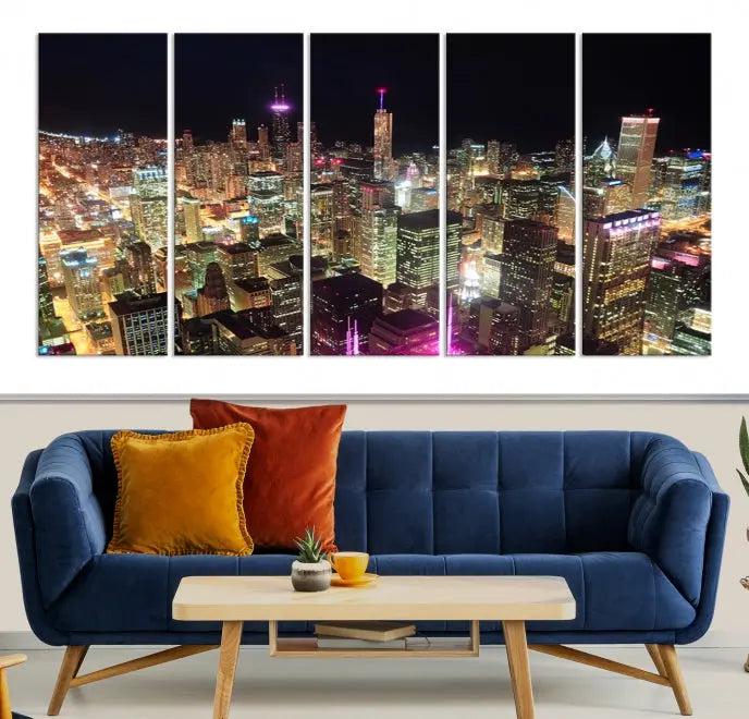 The Chicago Wall Art Canvas Print, featuring a vibrant depiction of the city at night, elegantly adorns the wall.