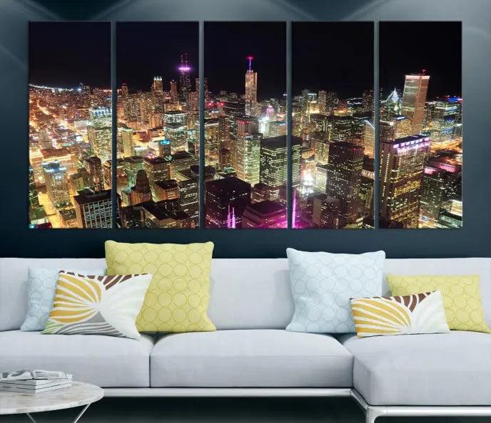 The Chicago Wall Art Canvas Print, featuring a vibrant depiction of the city at night, elegantly adorns the wall.