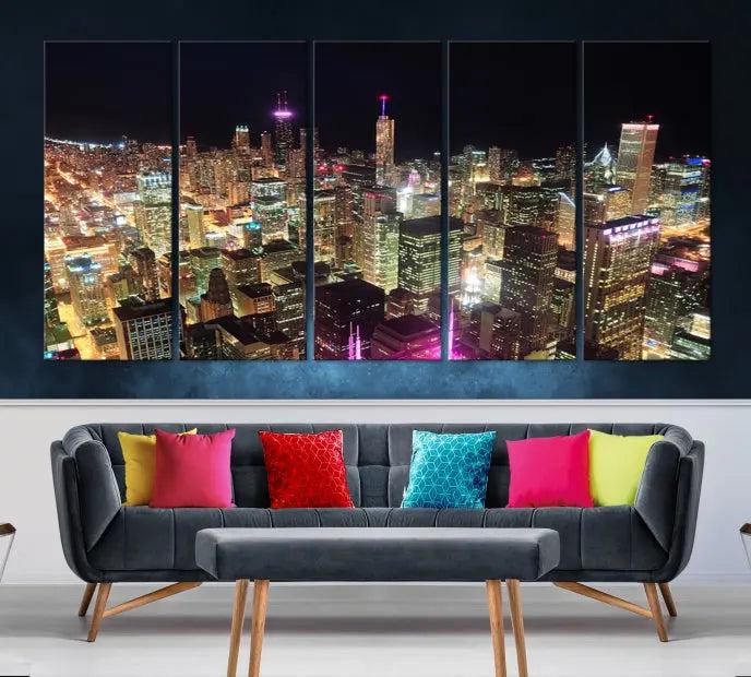 The Chicago Wall Art Canvas Print, featuring a vibrant depiction of the city at night, elegantly adorns the wall.