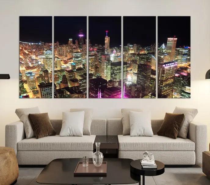 The Chicago Wall Art Canvas Print, featuring a vibrant depiction of the city at night, elegantly adorns the wall.