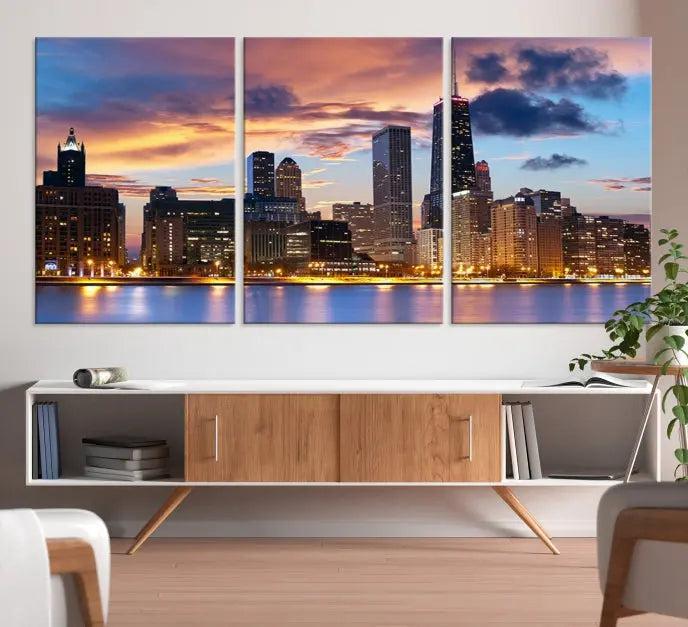 The Chicago Wall Art Canvas Print showcases a stunning city skyline at sunset in a three-panel design. Printed on museum-quality canvas with a UV-protective coating, this artwork is ready to hang and adds sophistication to your space.