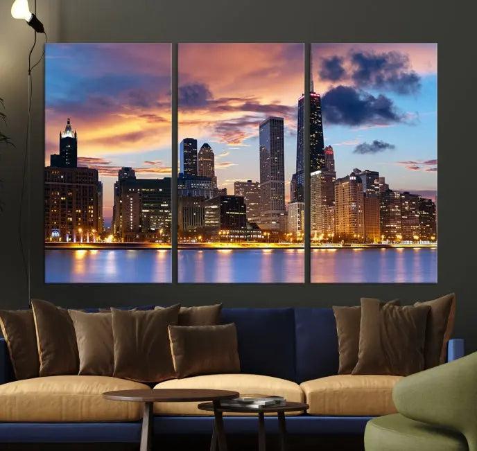 The Chicago Wall Art Canvas Print showcases a stunning city skyline at sunset in a three-panel design. Printed on museum-quality canvas with a UV-protective coating, this artwork is ready to hang and adds sophistication to your space.