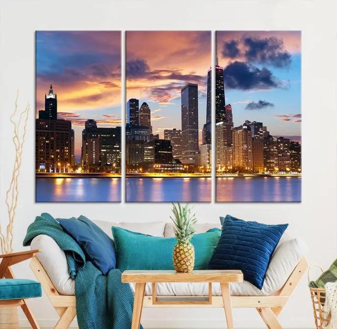 The Chicago Wall Art Canvas Print showcases a stunning city skyline at sunset in a three-panel design. Printed on museum-quality canvas with a UV-protective coating, this artwork is ready to hang and adds sophistication to your space.