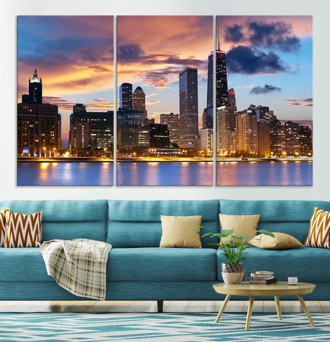 The Chicago Wall Art Canvas Print showcases a stunning city skyline at sunset in a three-panel design. Printed on museum-quality canvas with a UV-protective coating, this artwork is ready to hang and adds sophistication to your space.