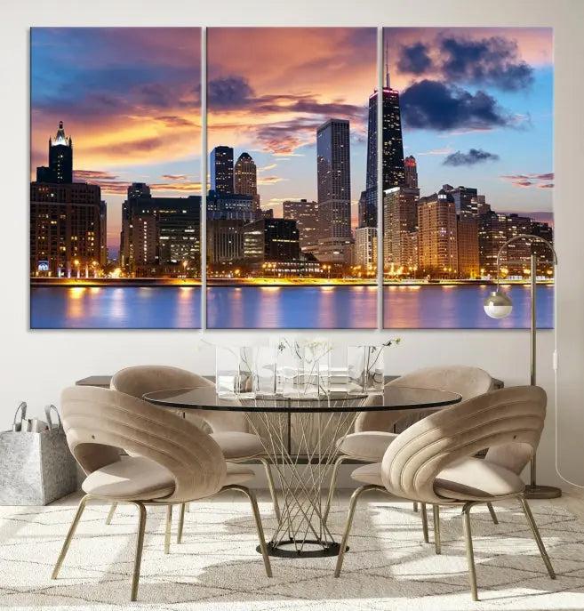 The Chicago Wall Art Canvas Print showcases a stunning city skyline at sunset in a three-panel design. Printed on museum-quality canvas with a UV-protective coating, this artwork is ready to hang and adds sophistication to your space.