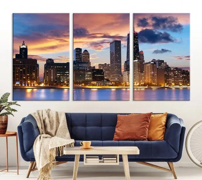 The Chicago Wall Art Canvas Print showcases a stunning city skyline at sunset in a three-panel design. Printed on museum-quality canvas with a UV-protective coating, this artwork is ready to hang and adds sophistication to your space.