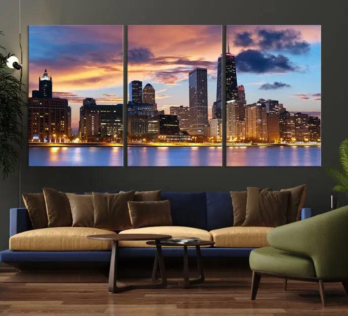 The Chicago Wall Art Canvas Print showcases a stunning city skyline at sunset in a three-panel design. Printed on museum-quality canvas with a UV-protective coating, this artwork is ready to hang and adds sophistication to your space.