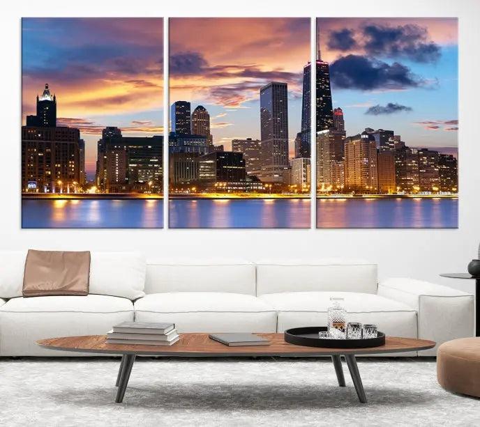 The Chicago Wall Art Canvas Print showcases a stunning city skyline at sunset in a three-panel design. Printed on museum-quality canvas with a UV-protective coating, this artwork is ready to hang and adds sophistication to your space.