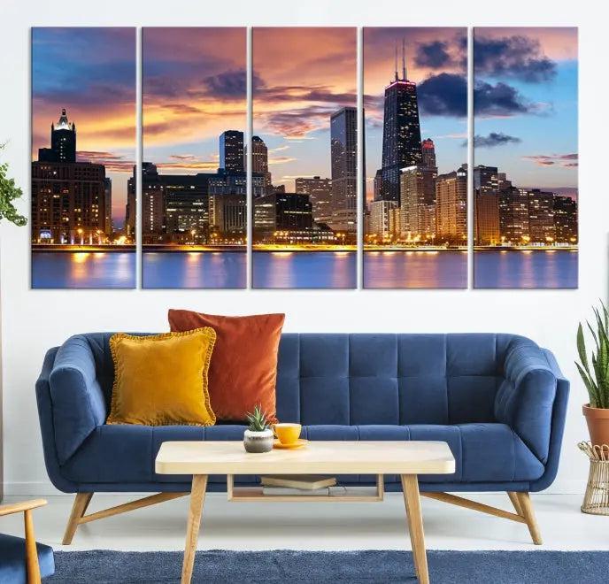 The Chicago Wall Art Canvas Print showcases a stunning city skyline at sunset in a three-panel design. Printed on museum-quality canvas with a UV-protective coating, this artwork is ready to hang and adds sophistication to your space.