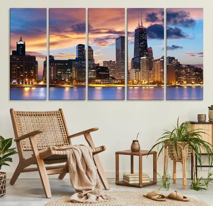 The Chicago Wall Art Canvas Print showcases a stunning city skyline at sunset in a three-panel design. Printed on museum-quality canvas with a UV-protective coating, this artwork is ready to hang and adds sophistication to your space.