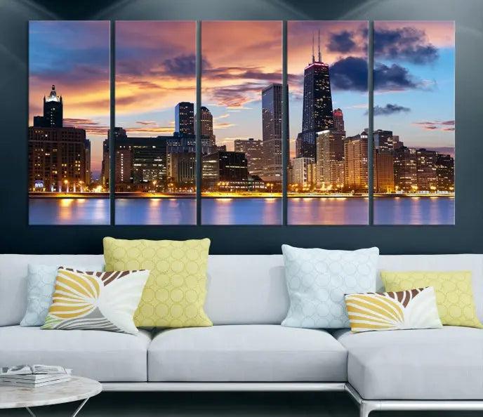 The Chicago Wall Art Canvas Print showcases a stunning city skyline at sunset in a three-panel design. Printed on museum-quality canvas with a UV-protective coating, this artwork is ready to hang and adds sophistication to your space.