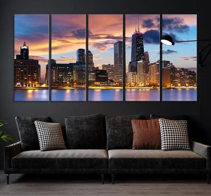 The Chicago Wall Art Canvas Print showcases a stunning city skyline at sunset in a three-panel design. Printed on museum-quality canvas with a UV-protective coating, this artwork is ready to hang and adds sophistication to your space.