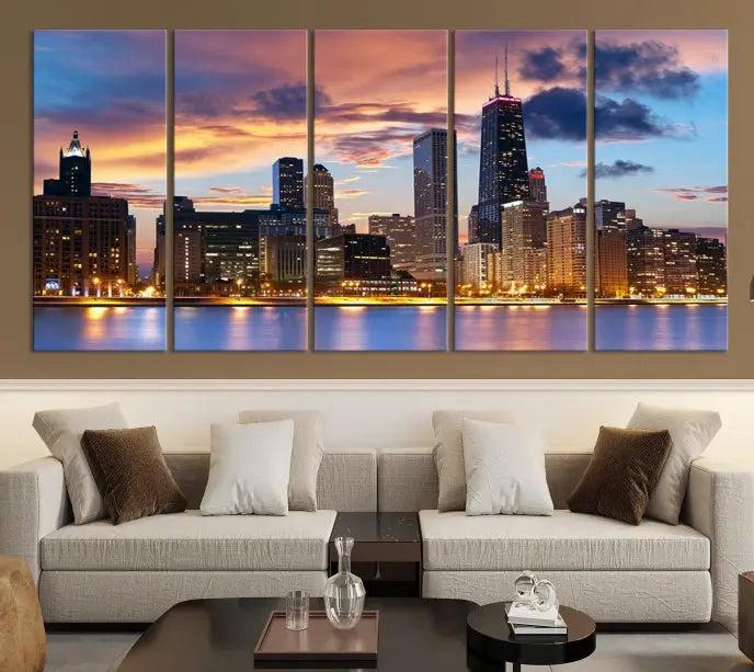 The Chicago Wall Art Canvas Print showcases a stunning city skyline at sunset in a three-panel design. Printed on museum-quality canvas with a UV-protective coating, this artwork is ready to hang and adds sophistication to your space.