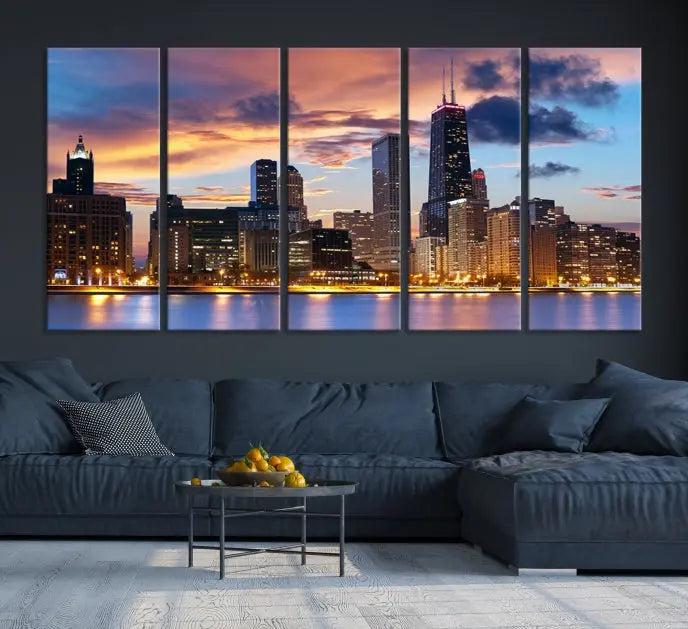 The Chicago Wall Art Canvas Print showcases a stunning city skyline at sunset in a three-panel design. Printed on museum-quality canvas with a UV-protective coating, this artwork is ready to hang and adds sophistication to your space.