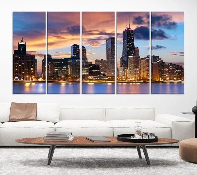 The Chicago Wall Art Canvas Print showcases a stunning city skyline at sunset in a three-panel design. Printed on museum-quality canvas with a UV-protective coating, this artwork is ready to hang and adds sophistication to your space.