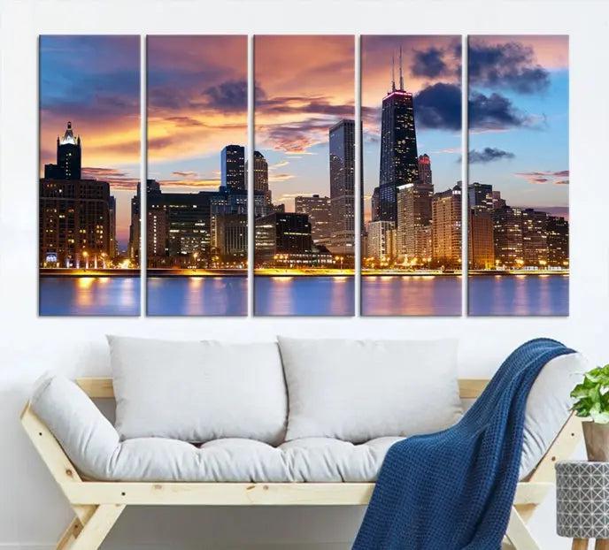 The Chicago Wall Art Canvas Print showcases a stunning city skyline at sunset in a three-panel design. Printed on museum-quality canvas with a UV-protective coating, this artwork is ready to hang and adds sophistication to your space.