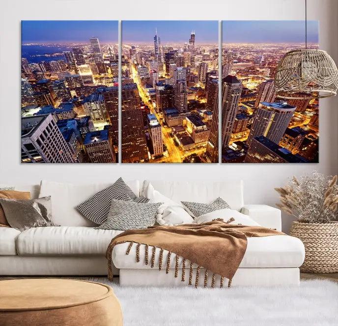 The cozy living room features the Chicago Wall Art Canvas Print on the wall. This museum-quality canvas showcases the Chicago city skyline at dusk and includes a UV-protective coating to ensure lasting beauty.