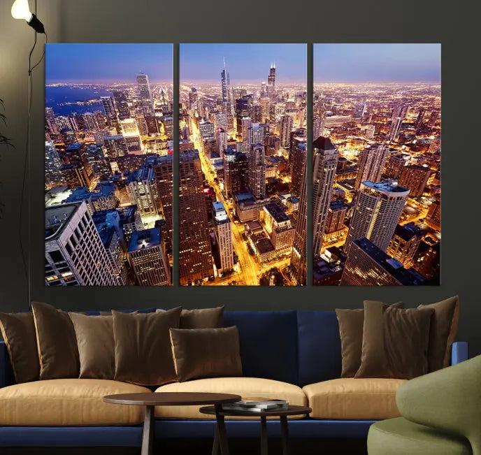 The cozy living room features the Chicago Wall Art Canvas Print on the wall. This museum-quality canvas showcases the Chicago city skyline at dusk and includes a UV-protective coating to ensure lasting beauty.