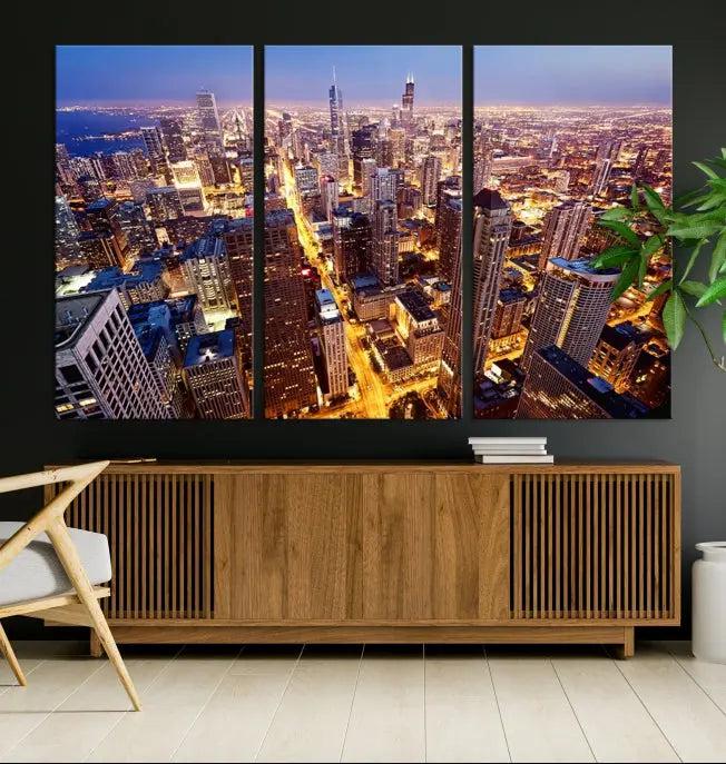 The cozy living room features the Chicago Wall Art Canvas Print on the wall. This museum-quality canvas showcases the Chicago city skyline at dusk and includes a UV-protective coating to ensure lasting beauty.