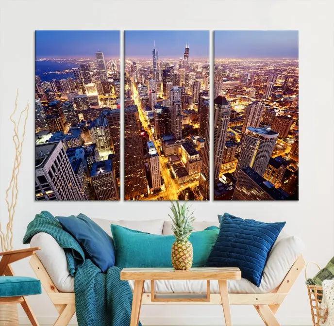 The cozy living room features the Chicago Wall Art Canvas Print on the wall. This museum-quality canvas showcases the Chicago city skyline at dusk and includes a UV-protective coating to ensure lasting beauty.