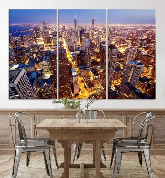 The cozy living room features the Chicago Wall Art Canvas Print on the wall. This museum-quality canvas showcases the Chicago city skyline at dusk and includes a UV-protective coating to ensure lasting beauty.