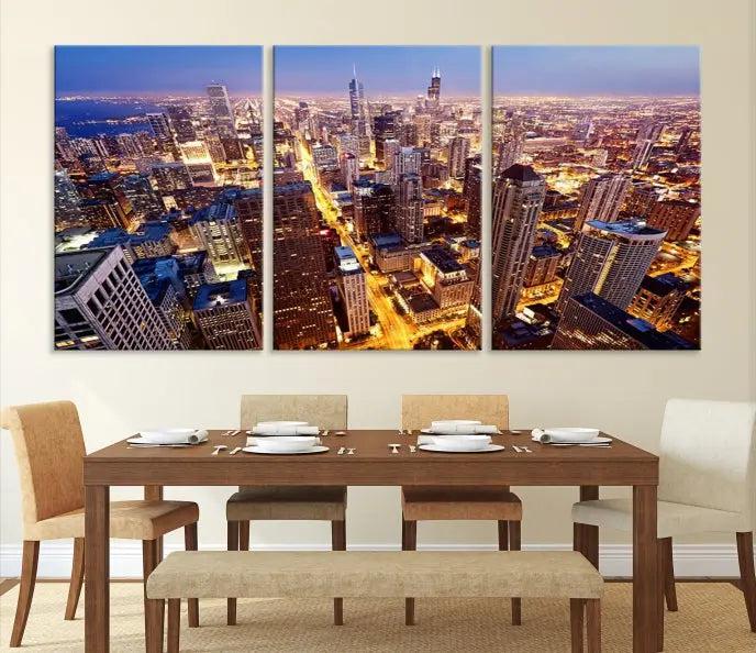 The cozy living room features the Chicago Wall Art Canvas Print on the wall. This museum-quality canvas showcases the Chicago city skyline at dusk and includes a UV-protective coating to ensure lasting beauty.