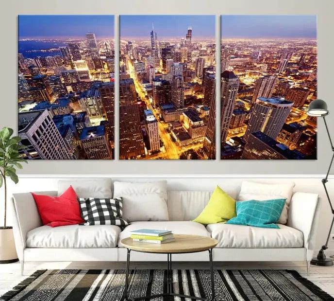 The cozy living room features the Chicago Wall Art Canvas Print on the wall. This museum-quality canvas showcases the Chicago city skyline at dusk and includes a UV-protective coating to ensure lasting beauty.