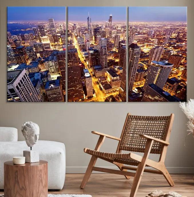 The cozy living room features the Chicago Wall Art Canvas Print on the wall. This museum-quality canvas showcases the Chicago city skyline at dusk and includes a UV-protective coating to ensure lasting beauty.