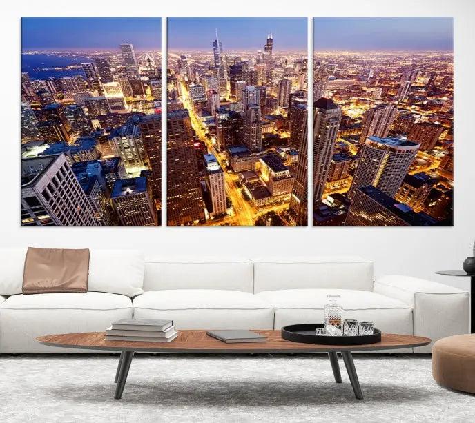 The cozy living room features the Chicago Wall Art Canvas Print on the wall. This museum-quality canvas showcases the Chicago city skyline at dusk and includes a UV-protective coating to ensure lasting beauty.