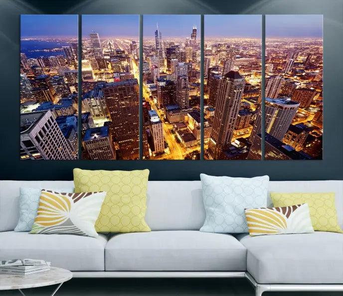 The cozy living room features the Chicago Wall Art Canvas Print on the wall. This museum-quality canvas showcases the Chicago city skyline at dusk and includes a UV-protective coating to ensure lasting beauty.